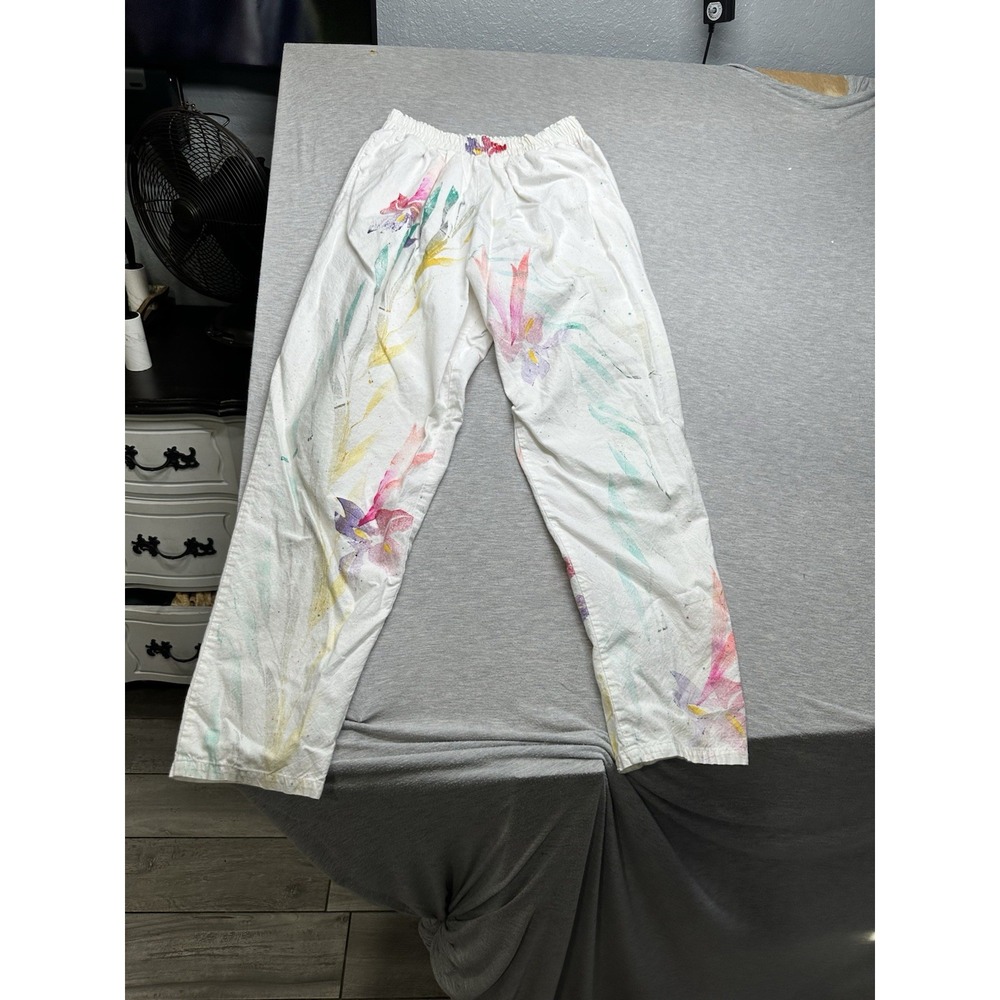 Alegre Women's Hand‎ Painted Floral Pull On Pants M/L Art To Wear